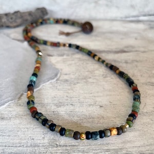 Men&#39;s Necklace, Men&#39;s BEADED Necklace, Metal Free Necklace, Adjustable Coconut Button, Earthy Rustic Glass SEED Beads, Surfer Gift for Men