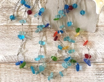 Colorful SEA GLASS Necklace, Beachy Boho Jewelry, Adjustable from Choker to 30" Long, Metal Free and Waterproof, Handmade Gift for Women