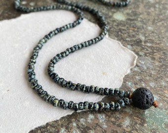 Men's Necklace, Men's BEADED Long Necklace, No Clasp Slip On Necklace, Earthy Black Rustic Glass SEED Beads and Lava Rock, Gift for Surfer