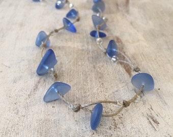 Cornflower Blue Sea Glass Necklace in Casual Boho Style, Can Also Be Worn as a Wrap Bracelet/Anklet, Handmade in the Caribbean, Gift for Her