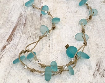 Aqua Blue Sea Glass Necklace or Wrap Bracelet,  Metal Free and Waterproof, Ocean and Island Jewelry, Handmade in the Caribbean, Gift for Her