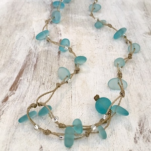 Aqua Blue Sea Glass Necklace or Wrap Bracelet,  Metal Free and Waterproof, Ocean and Island Jewelry, Handmade in the Caribbean, Gift for Her