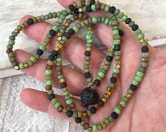 Men's BEADED Necklace, Men's Free Size Long Necklace, No Clasp, Slip On, Earthy Green Jade Jungle SEED Batch 8527, Boho Casual Gift for Men