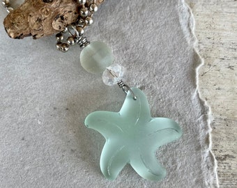 Pale Mint Green SEA GLASS Starfish Rear View Mirror Car Charm, Starfish Ornament or Sun Catcher, Hanging Decor, New Car and Beach Gift