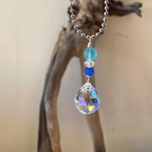 Ocean Blue Sea Glass and Crystal Rear View Mirror Car Charm, Hanging Car Accessory, Sun Catcher, Ornament or Pendant, Beachy Gift for Women