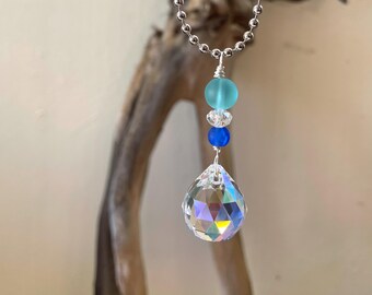 Sea Glass Car Charm, Crystal Suncatcher, Boho Rear View Mirror Accessory