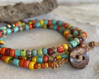 Colorful Beaded WRAP Bracelet or Necklace, Pacifica SEED Batch No. 8935, Great for Layering and Stacks, Beachy Boho Gift For Men and Women