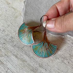 Hand Painted COPPER Ginko Leaf Dangle Earrings for Women, Rustic Patina Copper Earrings, Symbol of Hope, Gift for Her, Pure Boho Style image 2