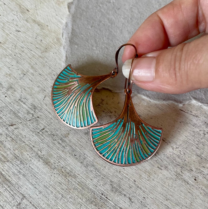 Hand Painted COPPER Ginko Leaf Dangle Earrings for Women, Rustic Patina Copper Earrings, Symbol of Hope, Gift for Her, Pure Boho Style image 2