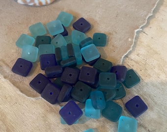 Square Sea Glass Beads: Ocean Mix, Tiny Drilled Square Pebbles for Jewelry