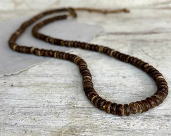 COCONUT Beaded Necklace, Natural Metal Free Necklace, Adjustable Button, Earthy Rustic Coconut Beads, Surfer Gift for Men or Gift for Women