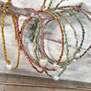 Tie On Freshwater PEARL Bracelet or Anklet on Hand Spun Island Rope, Yoga and Beach Ready, Colorful Handmade Boho Gift for Women