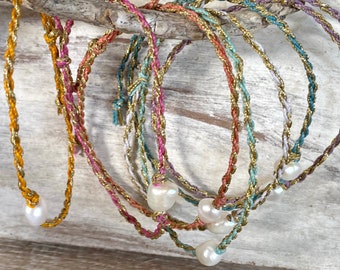 Tie On Freshwater PEARL Bracelet or Anklet on Hand Spun Island Rope, Yoga and Beach Ready, Colorful Handmade Boho Gift for Women