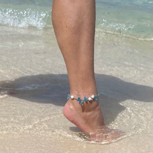 Freshwater Pearl and Aqua Blue Sea Glass 11&quot; Wrap Bracelet or Anklet, Beachy Boho Island Jewelry, Handmade in the Caribbean, Gift for Women