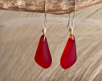 Red Sea Glass Earrings, Sterling Silver, Beachy Jewelry