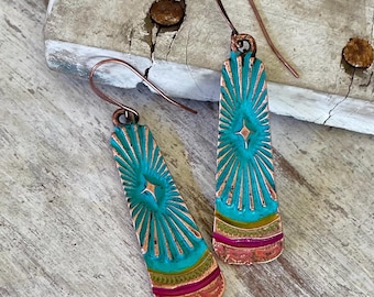 Hand Painted Patina Copper Earrings: Boho Dangle Jewelry