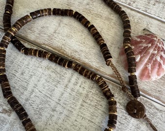 Earthy Coconut Bead Necklace 2, Adjustable Metal-Free Surfer Style; Men and Women