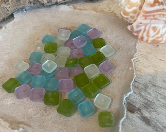 Square Sea Glass Beads: Mermaid Mix, Tiny Drilled Square Pebbles for Jewelry
