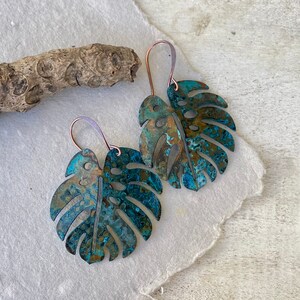 Aged Patina COPPER Monstera Leaf Dangle Earrings for Women, Rustic Patina Copper Earrings, Nature Inspired Gift for Her, Pure Boho Style image 7