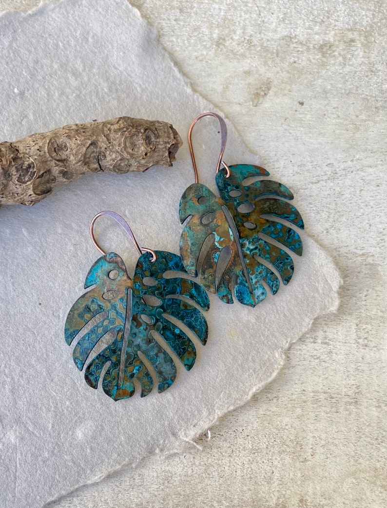 Aged Patina COPPER Monstera Leaf Dangle Earrings for Women, Rustic Patina Copper Earrings, Nature Inspired Gift for Her, Pure Boho Style image 7