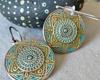 Hand Painted Mandala Earrings, Patina Coin Silver Dangles, Boho Style