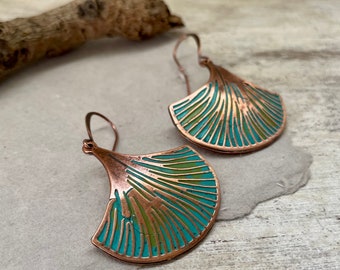 Hand Painted COPPER Ginko Leaf Dangle Earrings for Women, Rustic Patina Copper Earrings, Symbol of Hope, Gift for Her, Pure Boho Style