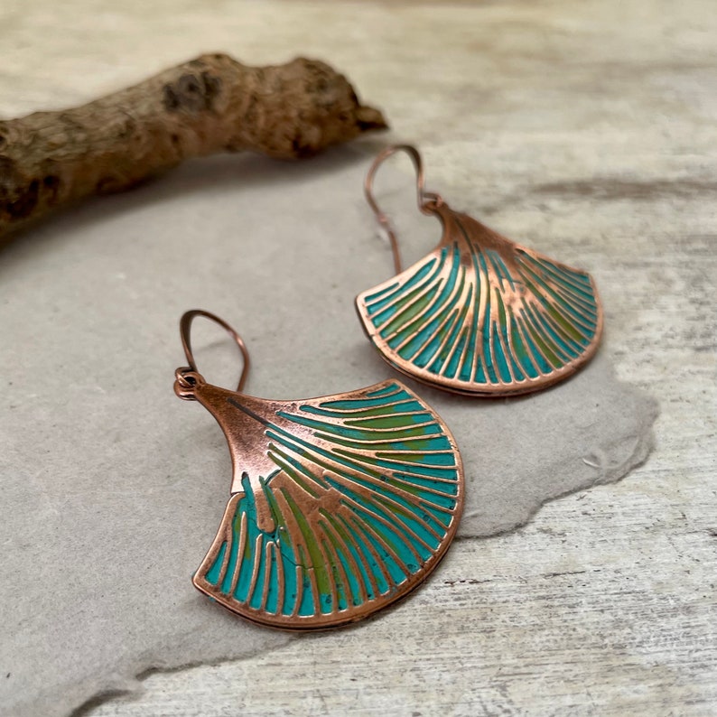 hand painted ginko leaf copper earrings in blue and green