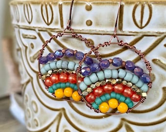 Handmade Copper Beaded Hoop Earrings, Boho Desert Style