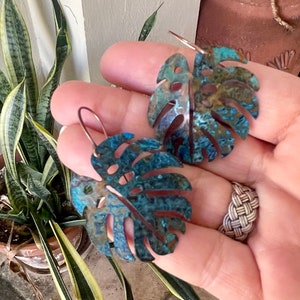 Aged Patina COPPER Monstera Leaf Dangle Earrings for Women, Rustic Patina Copper Earrings, Nature Inspired Gift for Her, Pure Boho Style image 3