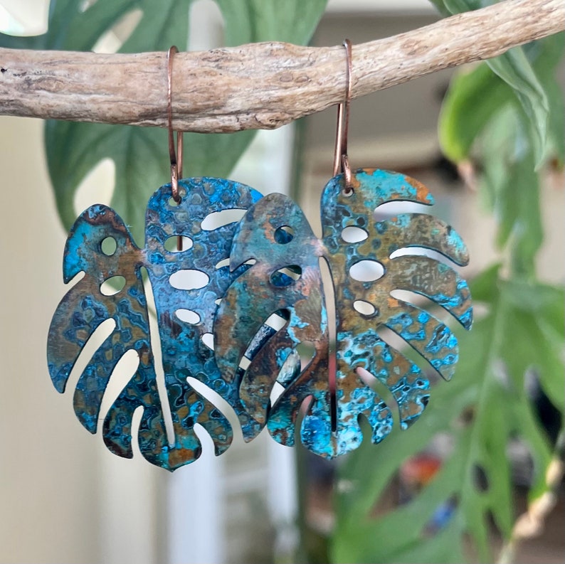 Aged Patina COPPER Monstera Leaf Dangle Earrings for Women, Rustic Patina Copper Earrings, Nature Inspired Gift for Her, Pure Boho Style image 2