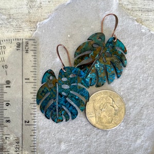 Aged Patina COPPER Monstera Leaf Dangle Earrings for Women, Rustic Patina Copper Earrings, Nature Inspired Gift for Her, Pure Boho Style image 4