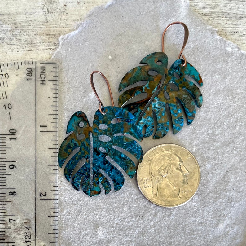 Aged Patina COPPER Monstera Leaf Dangle Earrings for Women, Rustic Patina Copper Earrings, Nature Inspired Gift for Her, Pure Boho Style image 4