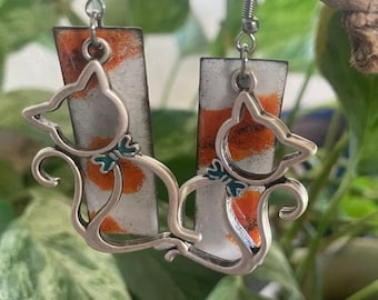 Custom Cat Earrings | Torch-Fired Enamel Fur Pattern, Bow Tie Color