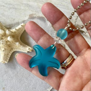 Pacific Blue SEA GLASS Starfish Rear View Mirror Car Charm or Ornament, Sea Glass Sun Catcher, Hanging Decor, New Car and Beach Gift