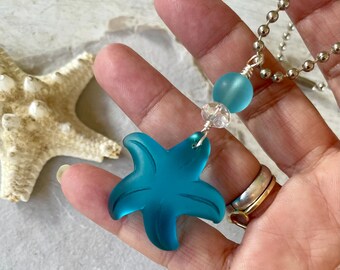 Pacific Blue Sea Glass Starfish Car Charm: Rear View Mirror Charm