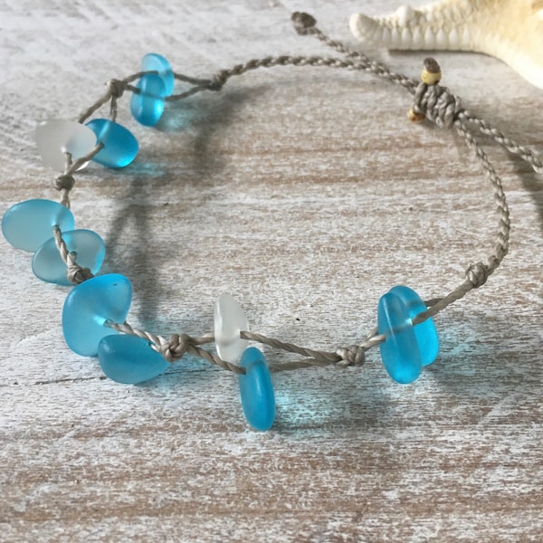 Turquoise Blue Sea Glass Pebble Bracelet or Anklet, Waterproof and Metal Free Boho Beach Jewelry, Summer Ready, Handmade in the Caribbean