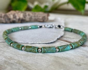Matte Turquoise Glass Beaded Bracelet: Stainless Steel Boho Style