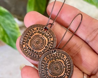 Stamped Copper Dangle Earrings, Rustic Mandala Boho Style