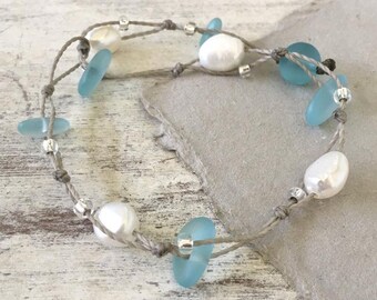 Freshwater Pearl & Sea Glass Anklet/Bracelet: Metal-Free Waterproof Wrap 11"