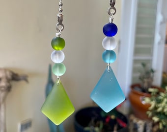 Tiradores de ventilador de techo de cristal marino hechos a mano: decoración de cabaña costera, juego de dos