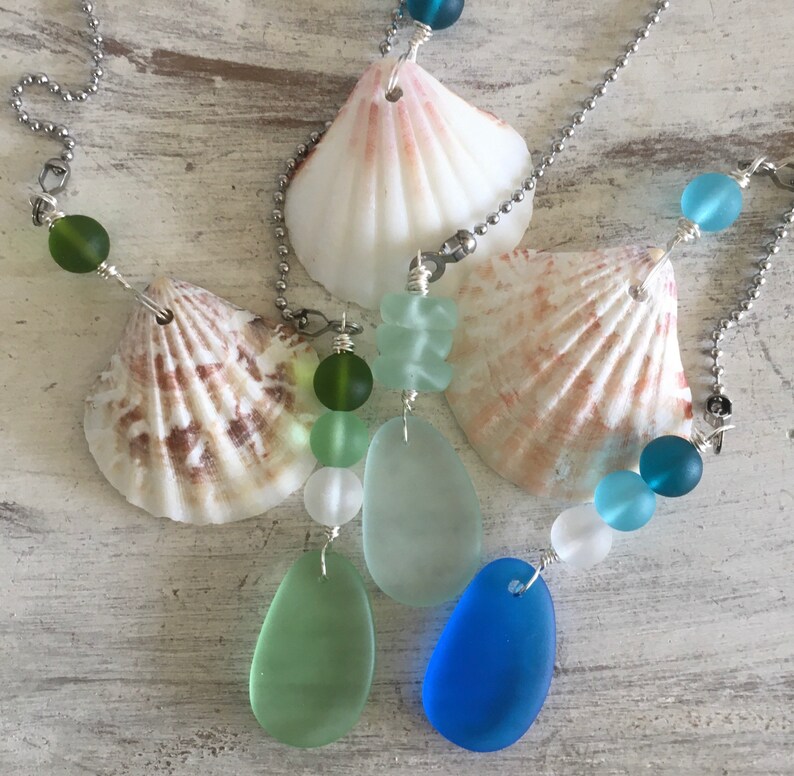 Sea Shell Ceiling Fan or Light Pull with Sea Glass Beach House Decor Handmade in the Caribbean Beach House Fan Pull New Beach Home Gift