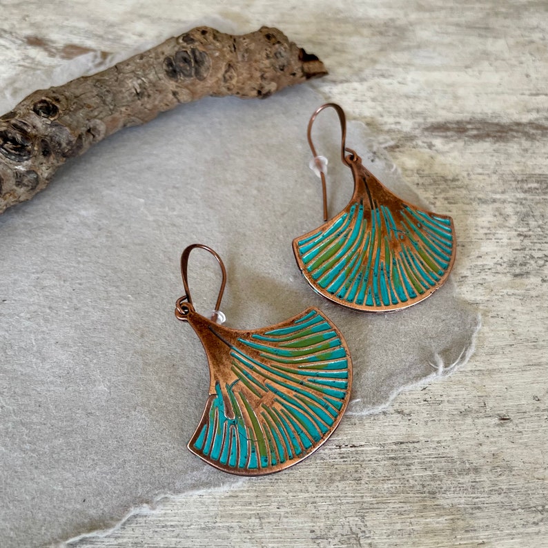 Hand Painted COPPER Ginko Leaf Dangle Earrings for Women, Rustic Patina Copper Earrings, Symbol of Hope, Gift for Her, Pure Boho Style image 6