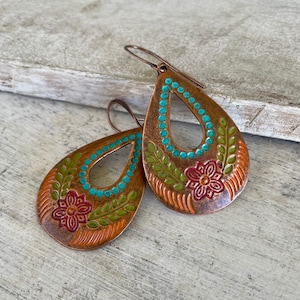 Bohemian Hand Painted Patina Copper Dangle Earrings for Women, Rustic Cabo Copper Earrings, Flower Inspired Gift for Her, Pure Boho Style