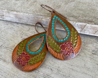 Bohemian Hand Painted Patina Copper Dangle Earrings for Women, Rustic Cabo Copper Earrings, Flower Inspired Gift for Her, Pure Boho Style