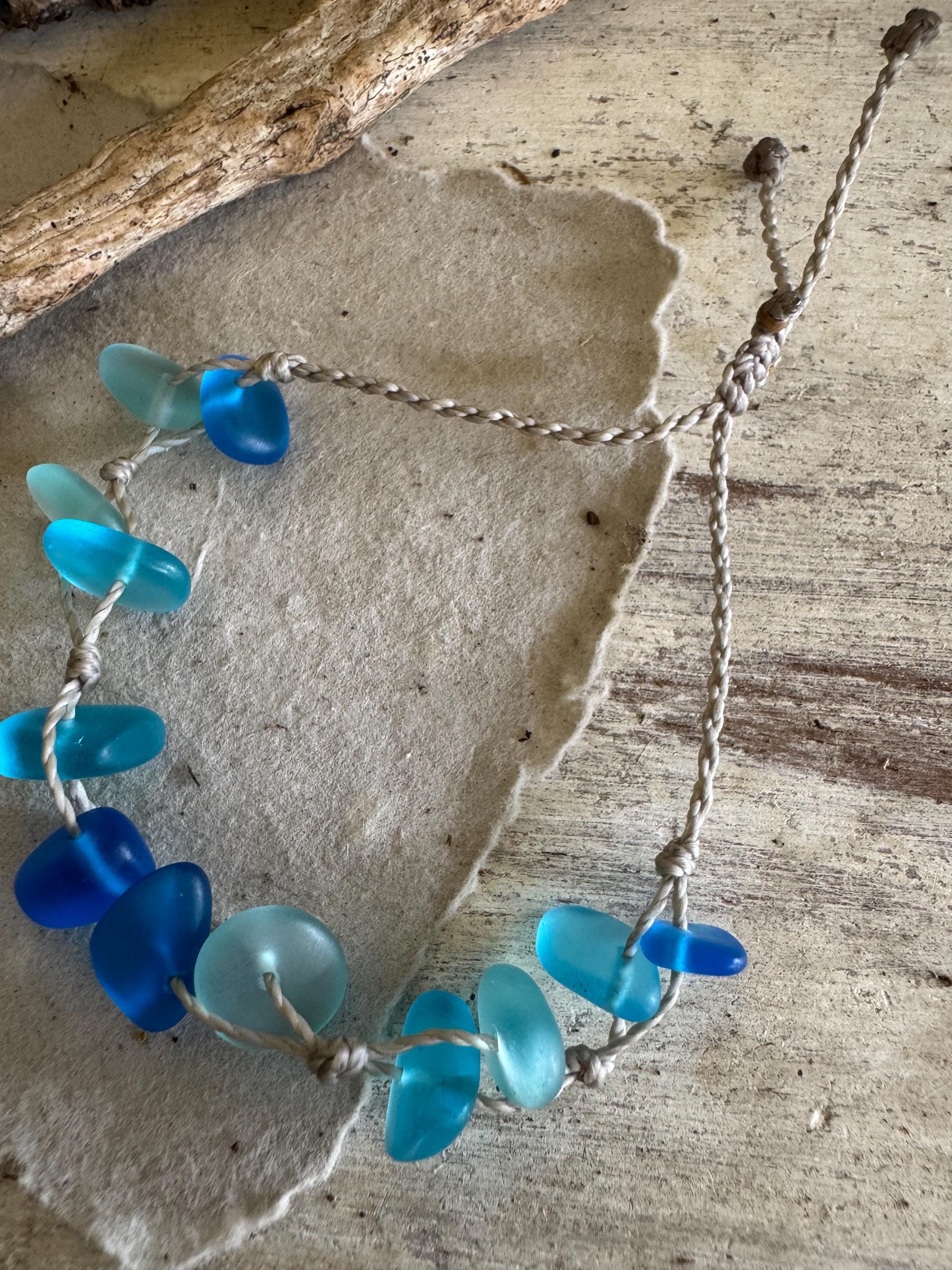 Mixed Blues Sea Glass Pebble Bracelet or Anklet on Handspun Cord, Waterproof and Metal Free, Casual Island Style, Handmade in the Caribbean