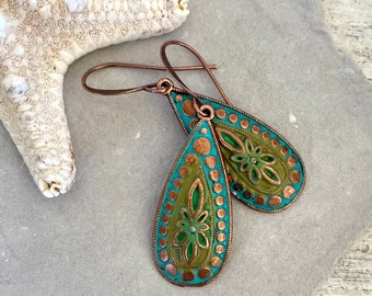 Artisan Hand Painted Patina Copper or Silver Dangle Earrings for Women, Rustic Merida Earrings, Folk Art Inspired Gift for Her, Boho Style