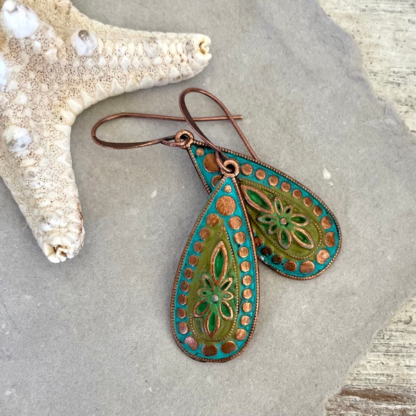 Artisan Hand Painted Patina Copper or Silver Dangle Earrings for Women, Rustic Merida Earrings, Folk Art Inspired Gift for Her, Boho Style