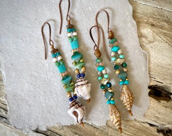 Beaded Shell Totem Earrings: Boho Ocean Style, Handmade in USA