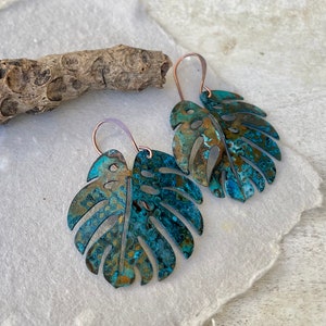 Aged Patina COPPER Monstera Leaf Dangle Earrings for Women, Rustic Patina Copper Earrings, Nature Inspired Gift for Her, Pure Boho Style image 10