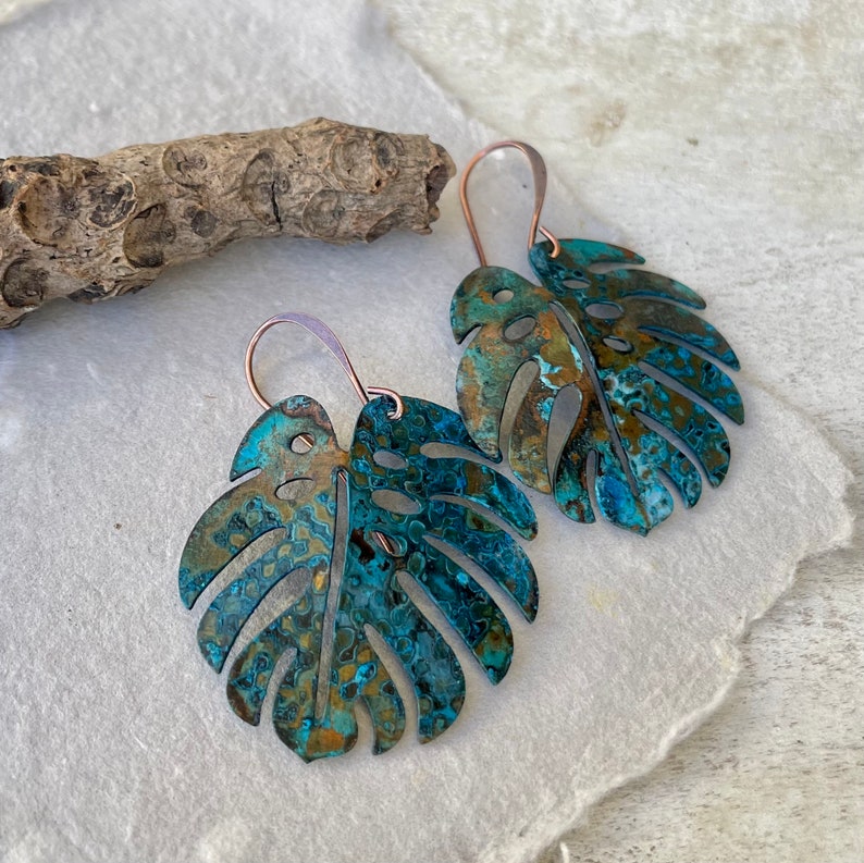 Aged Patina COPPER Monstera Leaf Dangle Earrings for Women, Rustic Patina Copper Earrings, Nature Inspired Gift for Her, Pure Boho Style image 10